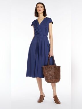 Weekend Max Mara Vertice Navy Pleated Midi Cotton Dress – Size 4